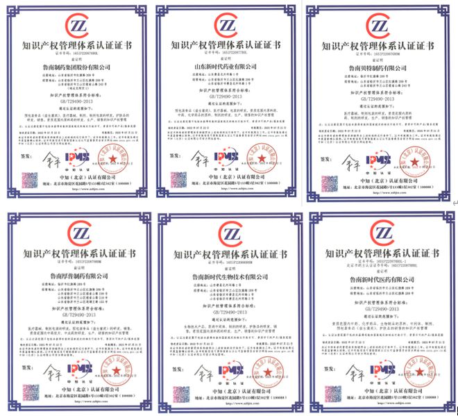 魯南制藥集團(tuán)及其五家子公司獲得知識產(chǎn)權(quán)管理體系認(rèn)證證書|專利|著作